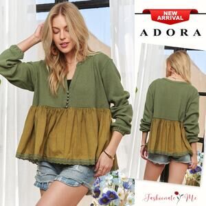 ADORA Mineral Wash Front Button Lace Hem Accent Waffle Knit Babydoll Top | Olive